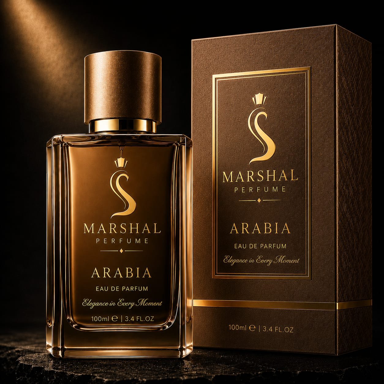 Marshal Arabia Eau de Parfum 100ml in amber glass with brown gold-foil box