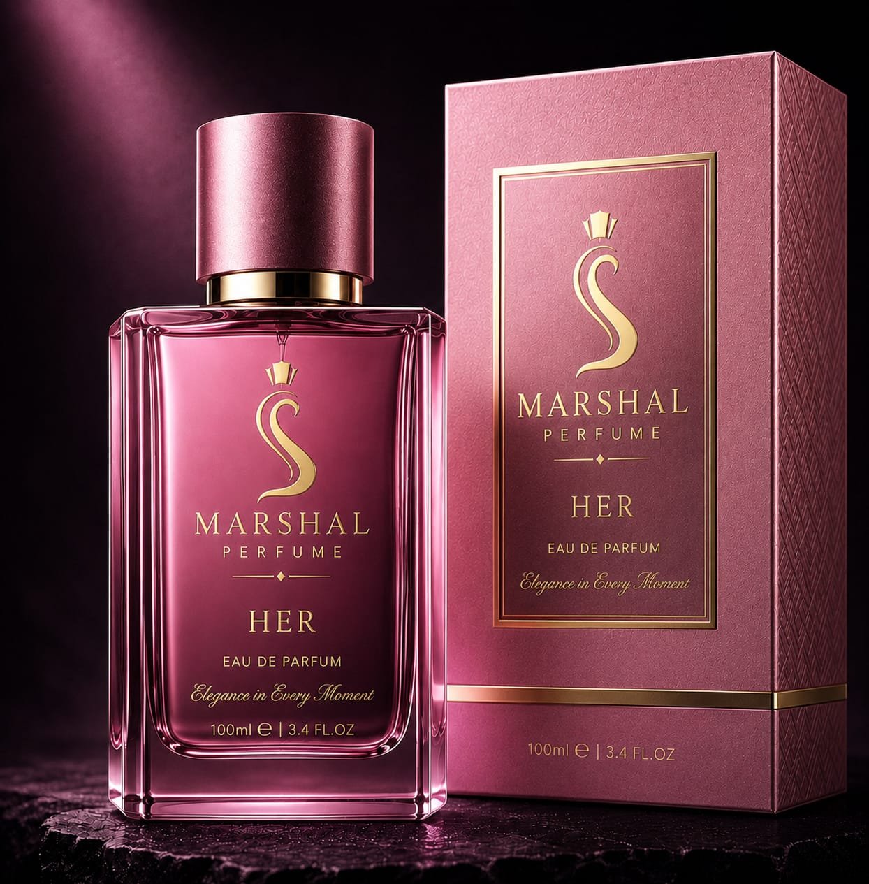Marshal Her Eau de Parfum 100ml in rose-pink glass with pink gift box