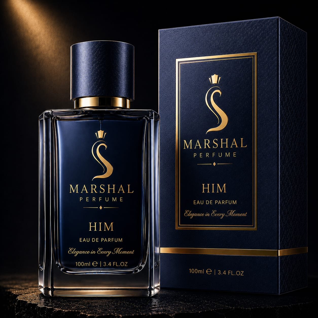 Marshal Him Eau de Parfum 100ml in midnight blue glass with navy gift box