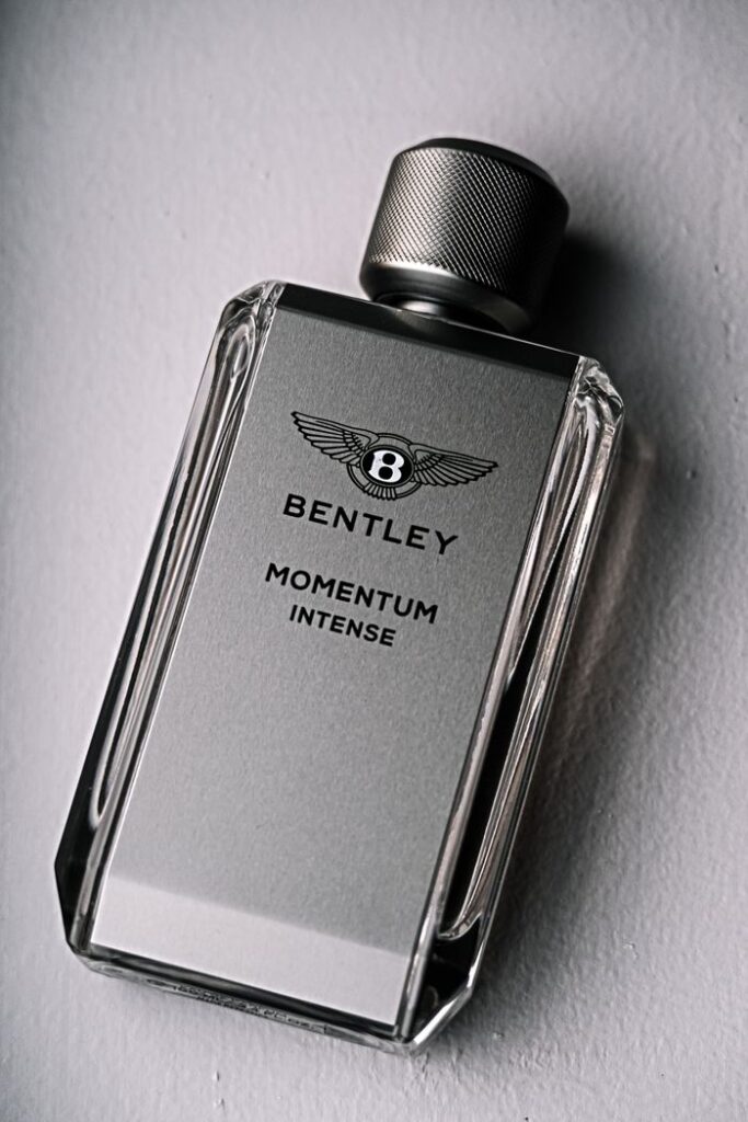 Sophisticated product shot of Bentley cologne bottle on a neutral background.